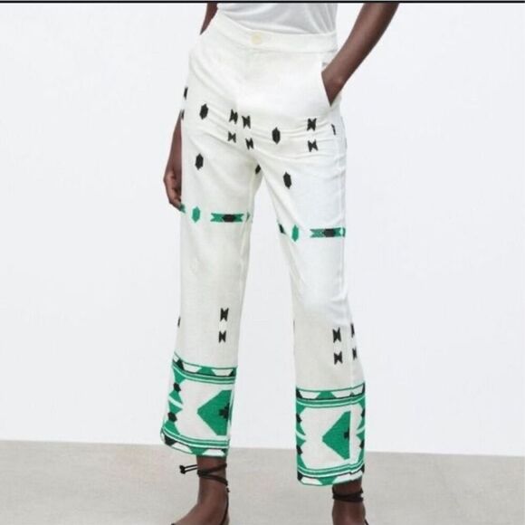 NWT Zara White Green Geometric Flat Front Embroidered Lined Trouser Pants Medium - Picture 11 of 11